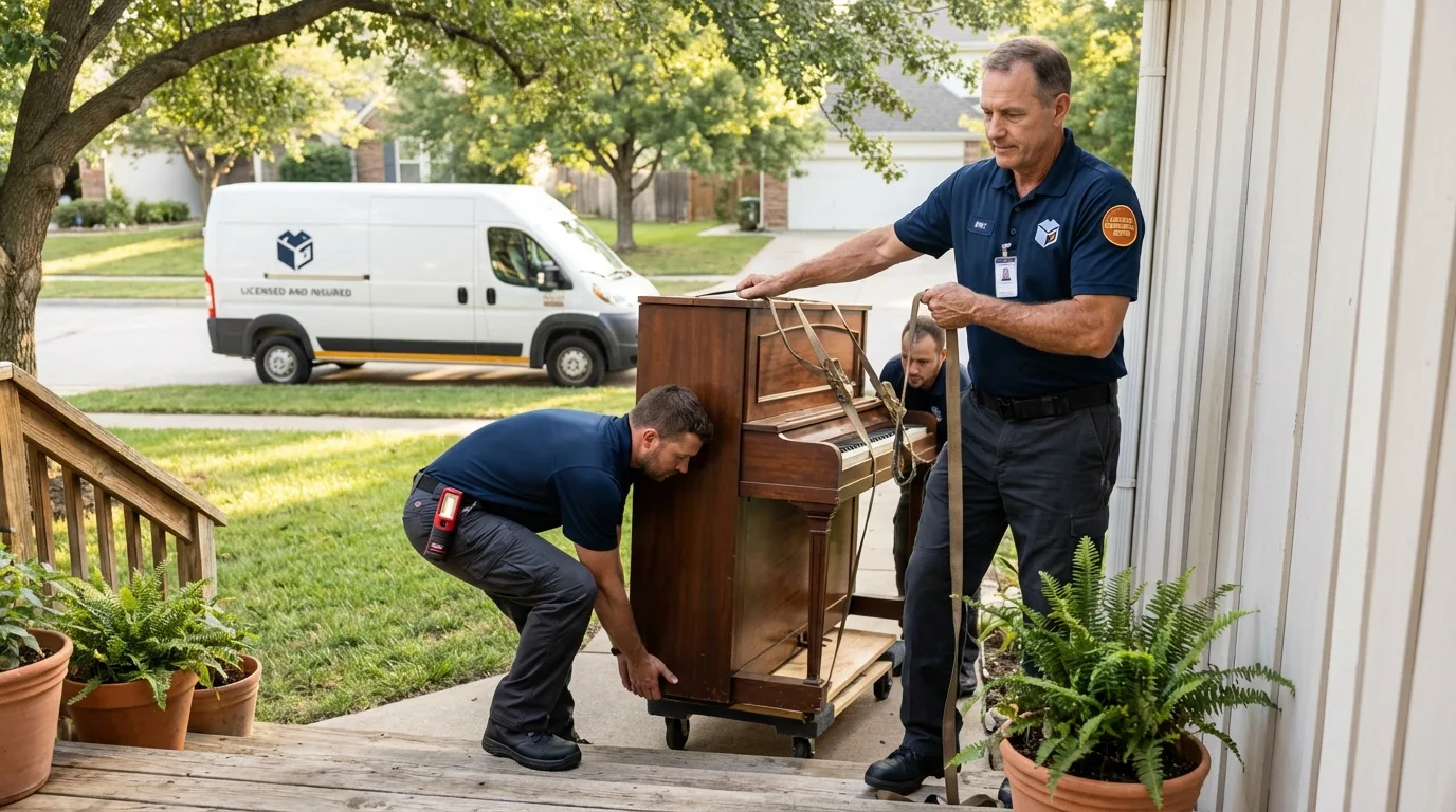 Licensed piano movers securing grand piano in Cleves, OH