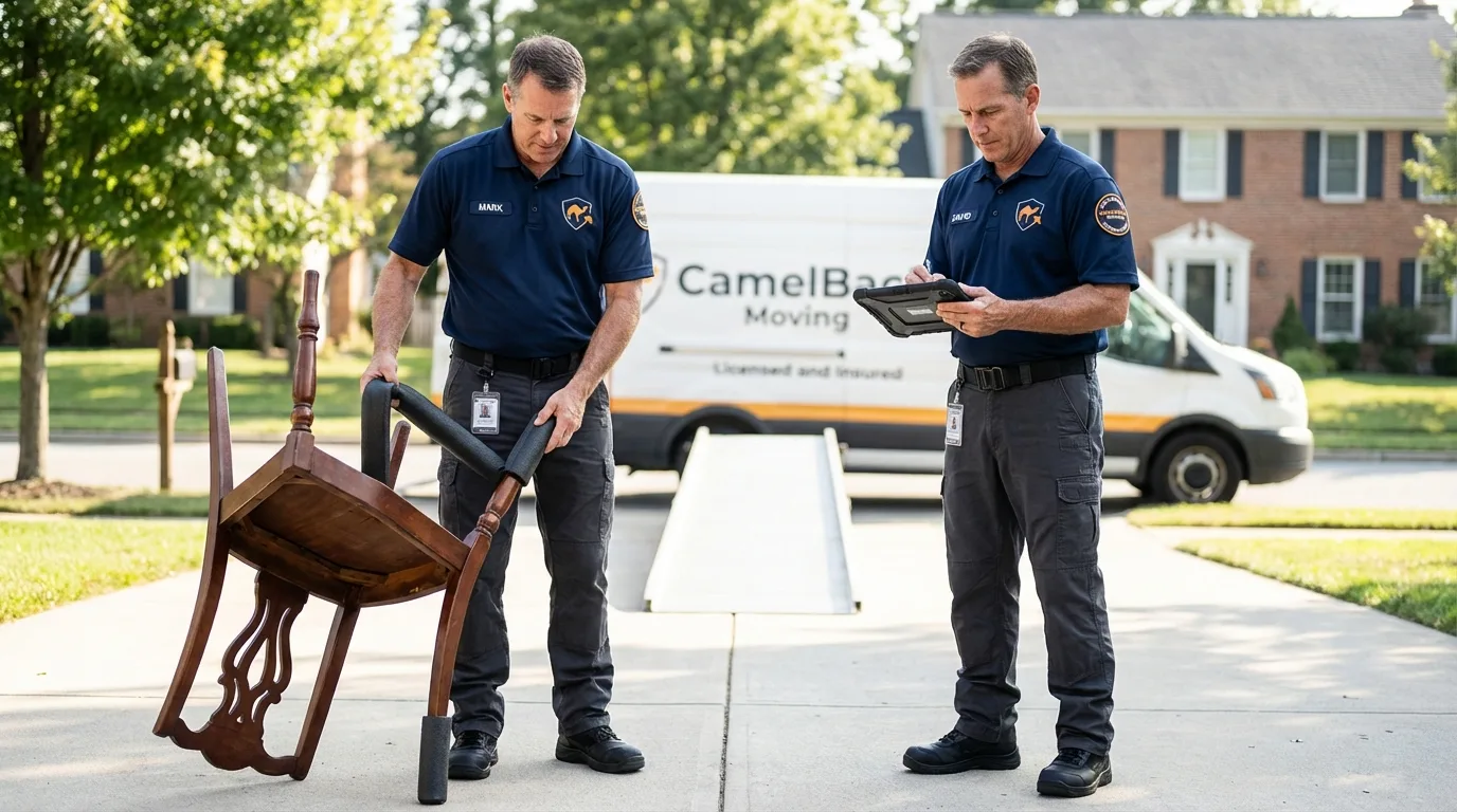 Movers inspecting furniture for damage prevention before loading in Cleves, OH