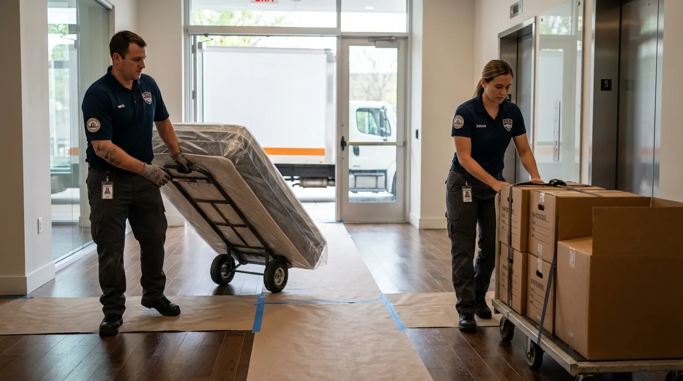 Professional apartment movers loading elevator in Cleves, OH